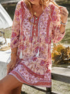 A-Line Loose Buttoned Contrast Color Flower Print Pleated V-Neck Mini Dresses