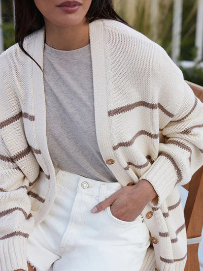 Long Sleeves Loose Split-Joint Striped V-Neck Cardigan Tops