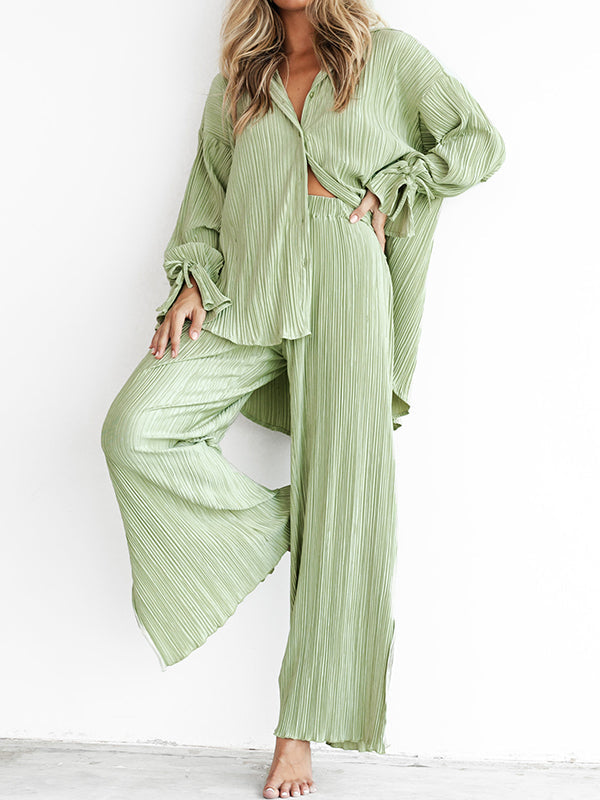 Flared Sleeves Long Sleeves Buttoned Drawstring Pleated Solid Color Split-Side Lapel Shirts Top + Pants Bottom Pajama Sets