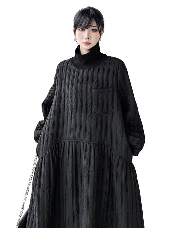 A-Line Long Sleeves Embossed Pockets Quilted Solid Color Split-Joint High Neck Midi Dresses Sweater Dresses
