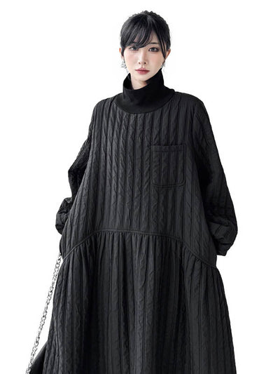 A-Line Long Sleeves Embossed Pockets Quilted Solid Color Split-Joint High Neck Midi Dresses Sweater Dresses