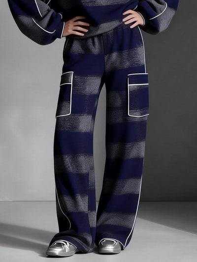 Loose Wide Leg Contrast Color Line Pockets Split-Joint Striped Pants