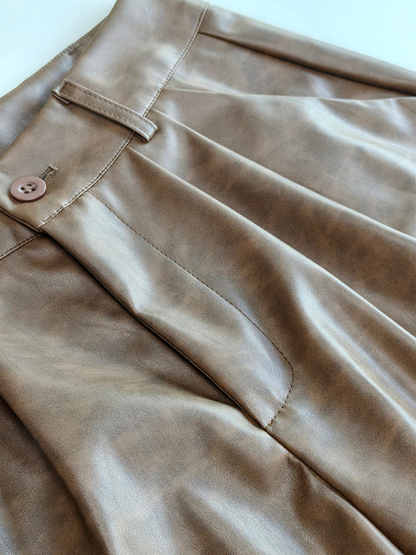 High Waisted Leather-Like Wide Leg Pants