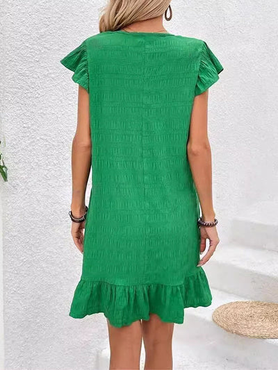 Loose Ruffle Sleeves Pleated Solid Color Split-Joint V-Neck Mini Dresses