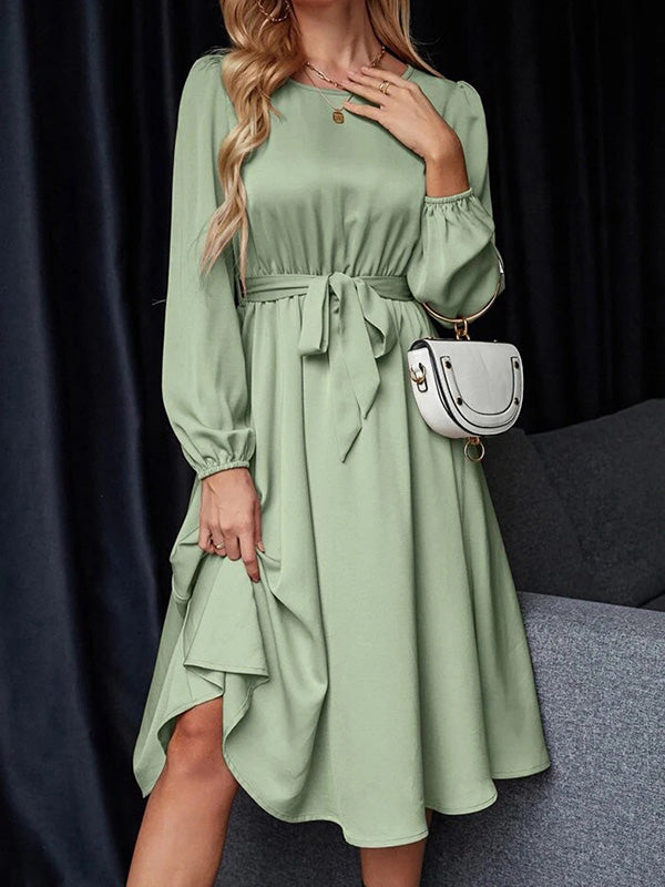 Loose Puff Sleeves Elasticity Pleated Solid Color Split-Joint Tied Waist Round-Neck Midi Dresses