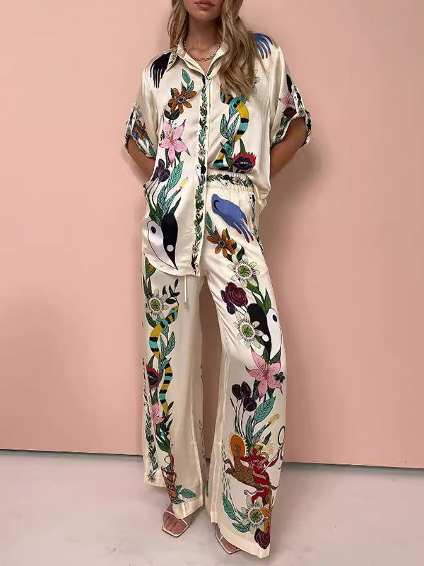 Half Sleeves Loose Buttoned Flower Print Pockets Lapel T-Shirt Top + Drawstring Elasticity Pants Bottom Two Pieces Set