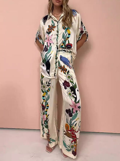 Half Sleeves Loose Buttoned Flower Print Pockets Lapel T-Shirt Top + Drawstring Elasticity Pants Bottom Two Pieces Set