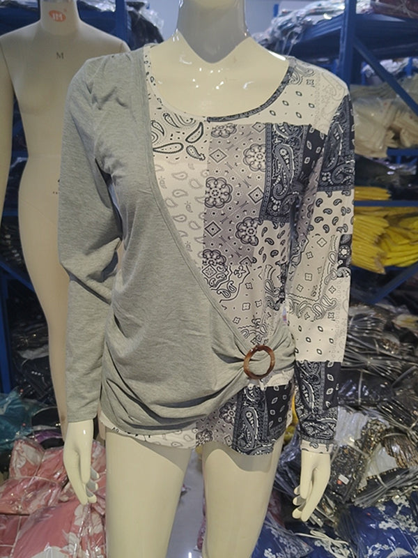 Irregularity Long Sleeves Asymmetric Buckle Contrast Color Pleated Split-Joint Round-Neck T-Shirts Tops