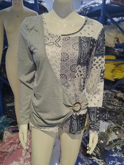Irregularity Long Sleeves Asymmetric Buckle Contrast Color Pleated Split-Joint Round-Neck T-Shirts Tops