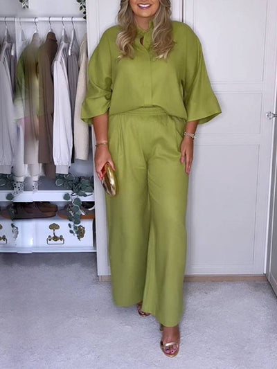 Loose Solid Color Split-Joint Split-Side Lapel Blouse + Elasticity Pleated Pants Trousers Two Pieces Set