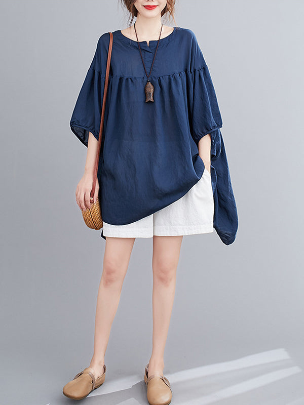 Half Sleeves Loose Pleated See-Through Solid Color Round-Neck Blouses&Shirts Tops