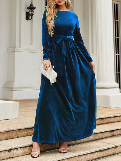 Long Sleeves Wrap Belted Pleated Solid Color Zipper Round-Neck Maxi Dresses