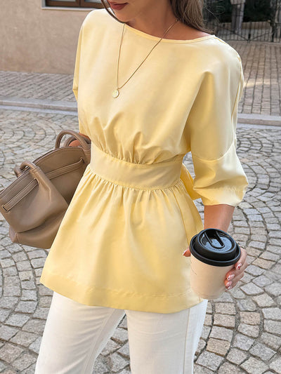 Elasticated Waist Half Sleeves Pleated Solid Color Round-Neck Blouses&Shirts Tops