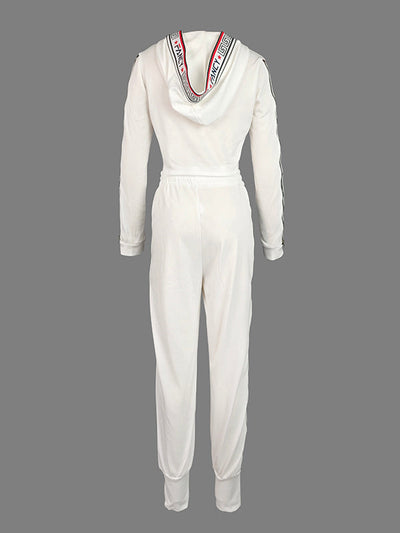 Long Sleeves Letter Print Split-Side Zipper Hooded Jackets+Pants Two Pieces Set