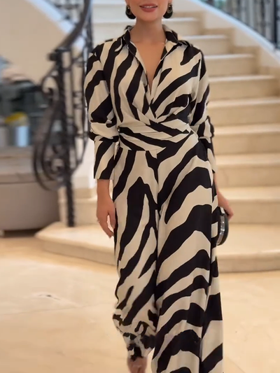 Long Sleeves Wide Leg Split-Joint Tied Waist Zebra Printed Lapel Jumpsuits