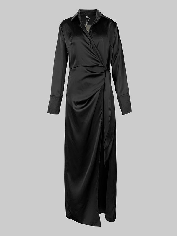 Long Sleeves Loose Solid Color Lapel Collar Maxi Shirt Dresses