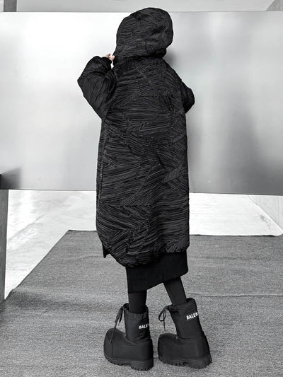 High-Low Irregularity Abstract Printed Contrast Color Split-Joint Zipper Hooded Outerwear Overcoat