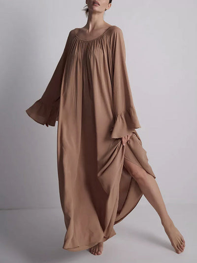 A-Line Flared Sleeves Pleated Solid Color Split-Joint Round-Neck Maxi Dresses