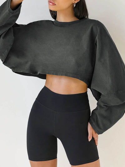 Long Sleeves Loose Solid Color Split-Joint Round-Neck Sweatshirt Tops