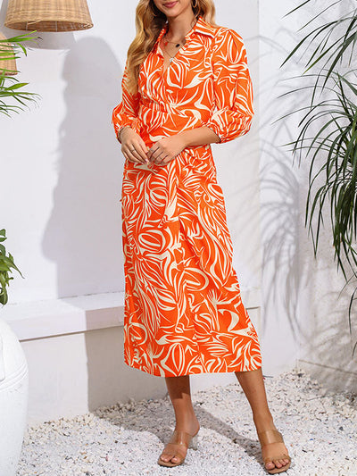 A-Line High Waisted Elasticity Printed Tied Waist Lapel Midi Dresses Shirt Dress