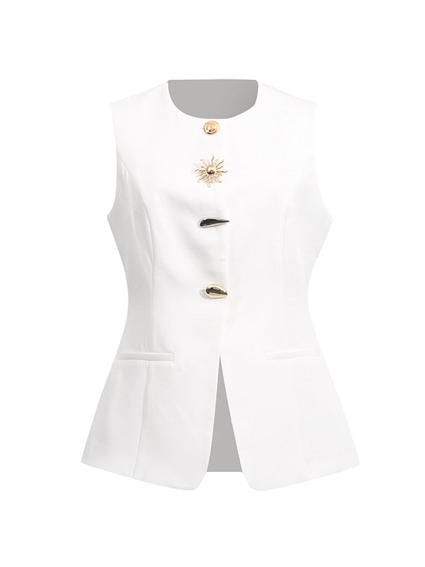 Sleeveless Buttoned Pockets Round-Neck Tank Top