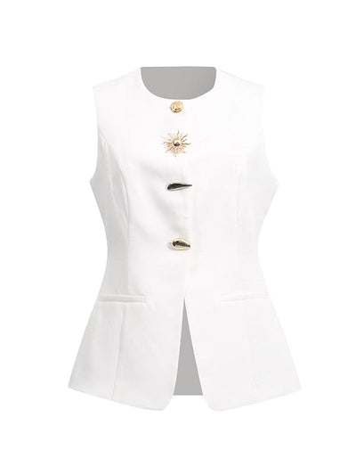 Sleeveless Buttoned Pockets Round-Neck Tank Top