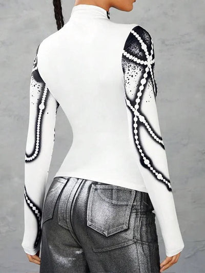 Long Sleeves Skinny Printed Striped High Neck T-Shirts Tops