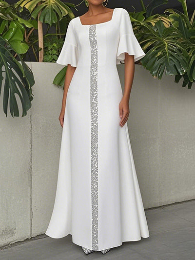A-Line Flared Sleeves Shiny Solid Color Split-Joint Square-Neck Maxi Dresses