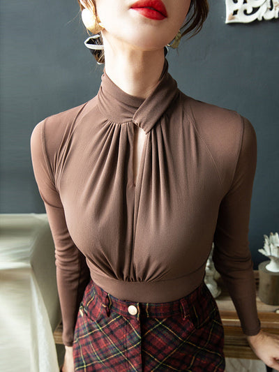 Long Sleeves Plus Size Hollow Mesh Pleated See-Through Solid Color Twist Half Turtleneck Blouses&Shirts Tops