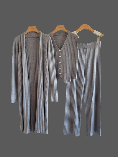 Knitting Sleeveless V-Neck Vest Top +  Long Sleeves Cardigan + High Waisted Pants Three Pieces Set