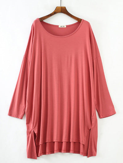 Solid Color Modal Plus Size High-Low Long Sleeve Pajamas Dress