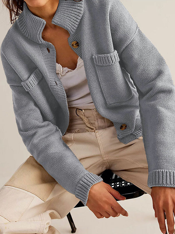 Long Sleeves Loose Buttoned Pockets Solid Color Split-Joint Stand Collar Cardigan Tops