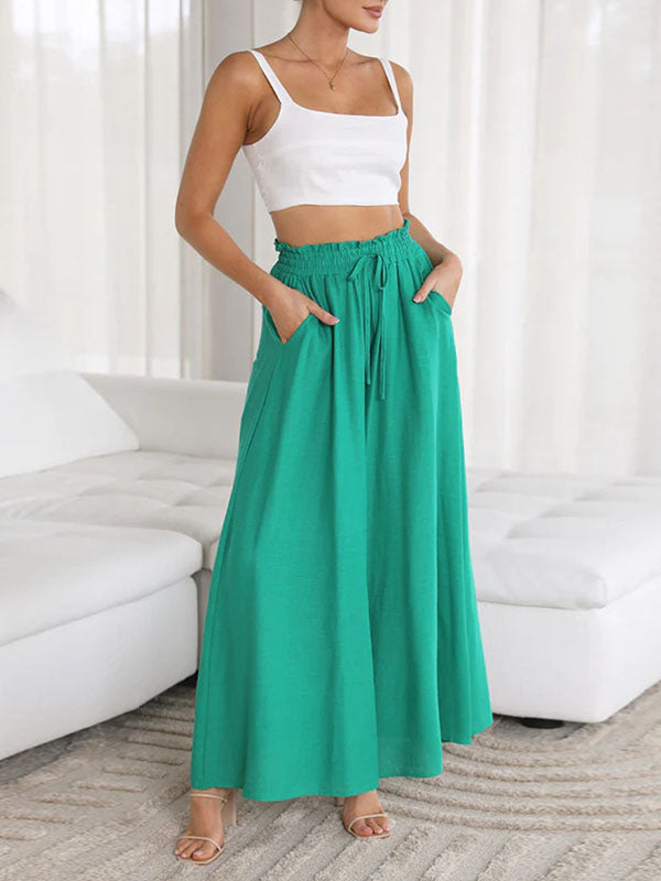 High Waisted Loose Drawstring Elasticity Pockets Solid Color Pants Trousers