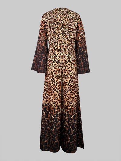 Flared Sleeves Long Sleeves Leopard Printed Round-Neck Jumpsuits