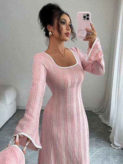 A-Line Bodycon Ribbed Knit Split-Joint Square-Neck Maxi Dresses