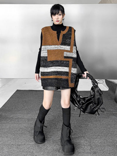 Loose Sleeveless Contrast Color Geometric Split-Joint Striped V-Neck Outerwear Vest Top