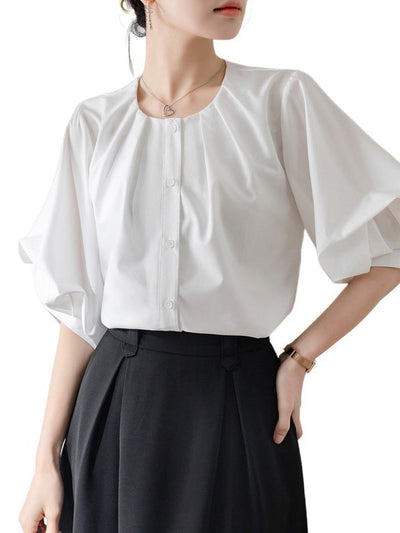 Half Sleeves Loose Buttoned Pleated Solid Color Round-Neck Blouses&Shirts Tops
