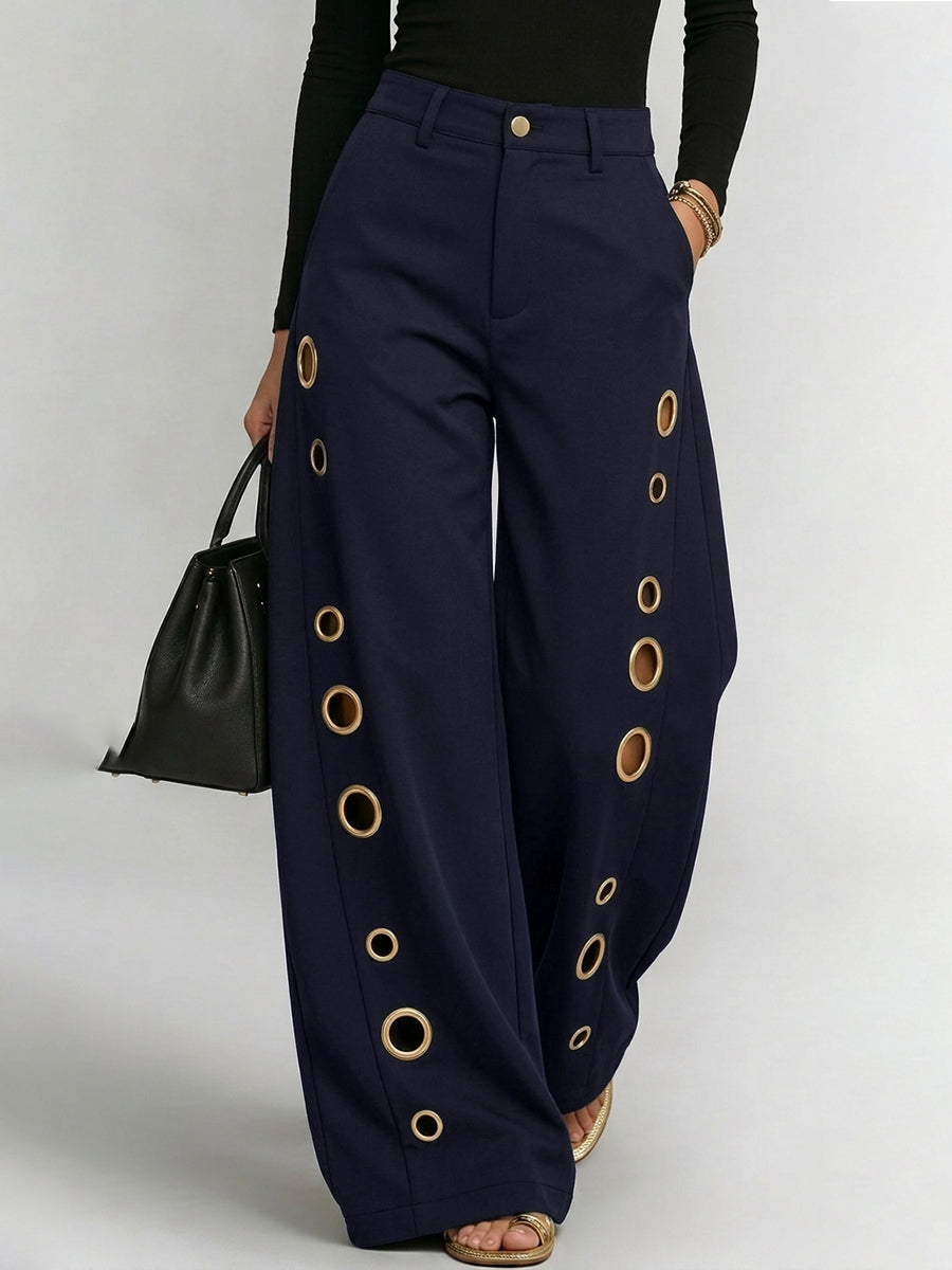 High Waisted Wide Leg Buttoned Hollow Pockets Solid Color Split-Joint Pants Trousers