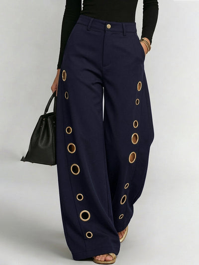 High Waisted Wide Leg Buttoned Hollow Pockets Solid Color Split-Joint Pants Trousers