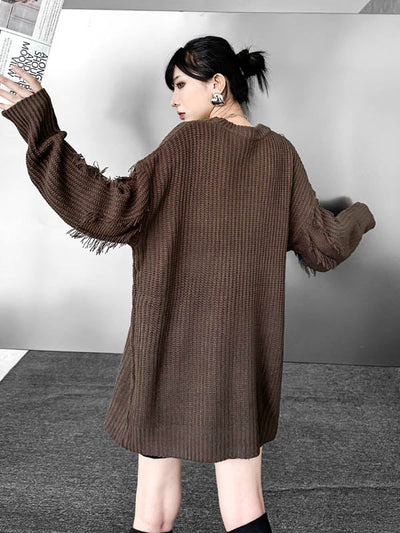 Irregularity Long Sleeves Abstract Printed Asymmetric Contrast Color Split-Joint Tasseled Round-Neck Sweater Tops
