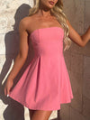 A-Line Loose Backless Pleated Solid Color Split-Joint Tied Tube Mini Dresses