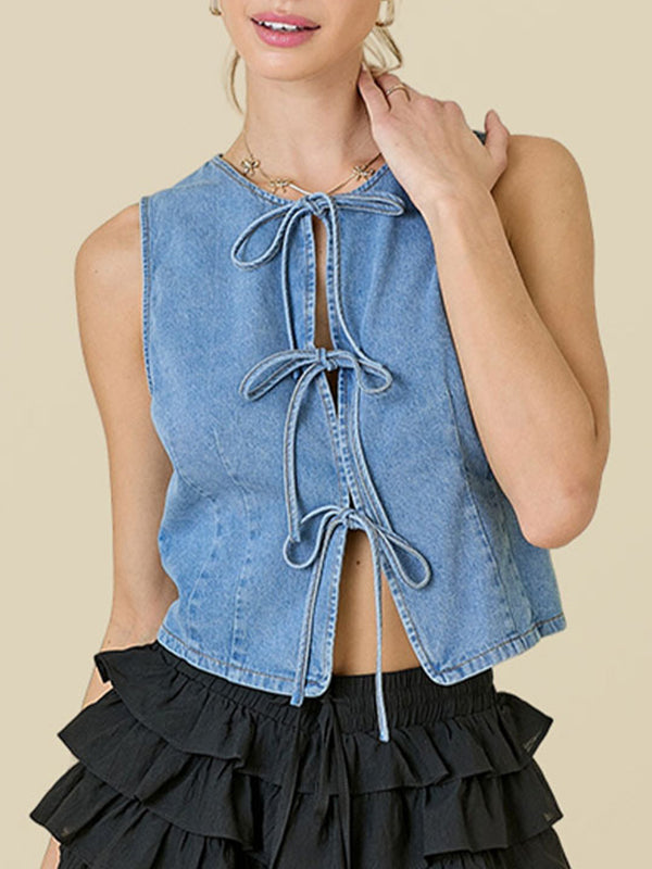 Loose Sleeveless Lace-Up Split-Joint Round-Neck Vest Top