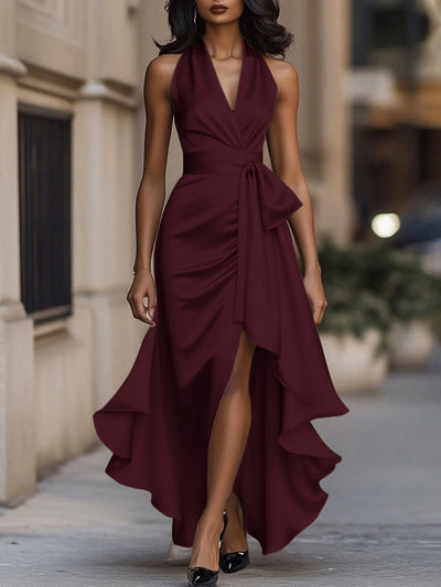 High-Low Loose Ruffle Trim Solid Color Tied Waist V-Neck Maxi Dresses