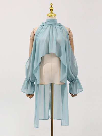 High-Low Long Sleeves Elasticity Hollow Pleated Solid Color Mock Neck Blouses&Shirts Tops