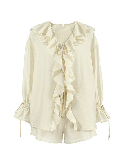 Long Sleeves Loose Ruffle Trim Solid Color Tied V-Neck Blouses&Shirts Tops + Elasticity Shorts Bottom Two Pieces Set