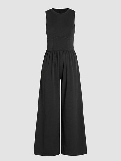 High Waisted Loose Pockets Solid Color Round-Neck Jumpsuits