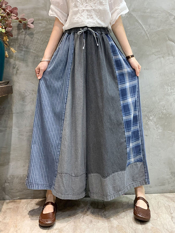 Loose  Drawstring Elasticity Plaid Split-Joint Ninth Jean Pants Bottoms