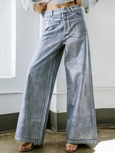 High Waisted Loose Printed Split-Joint Jean Pants Bottoms