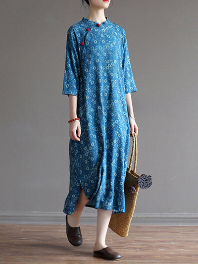 Original Solid Floral Stand Collar Midi Dress