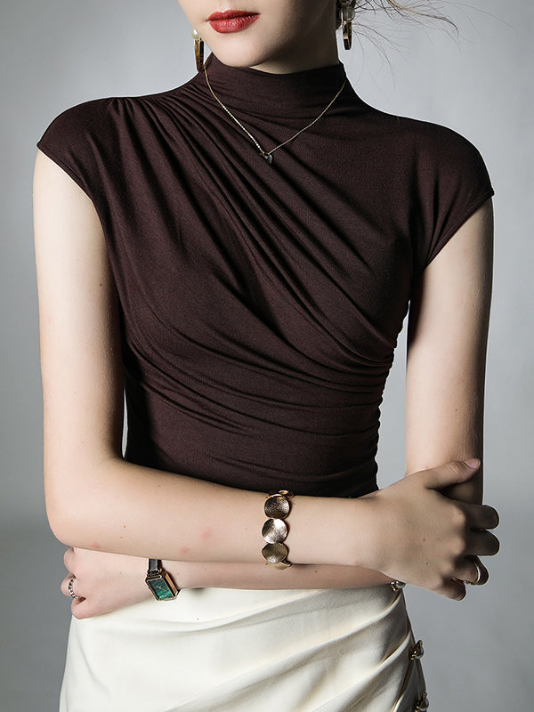 Skinny Pleated Solid Color Mock Neck T-Shirts Tops